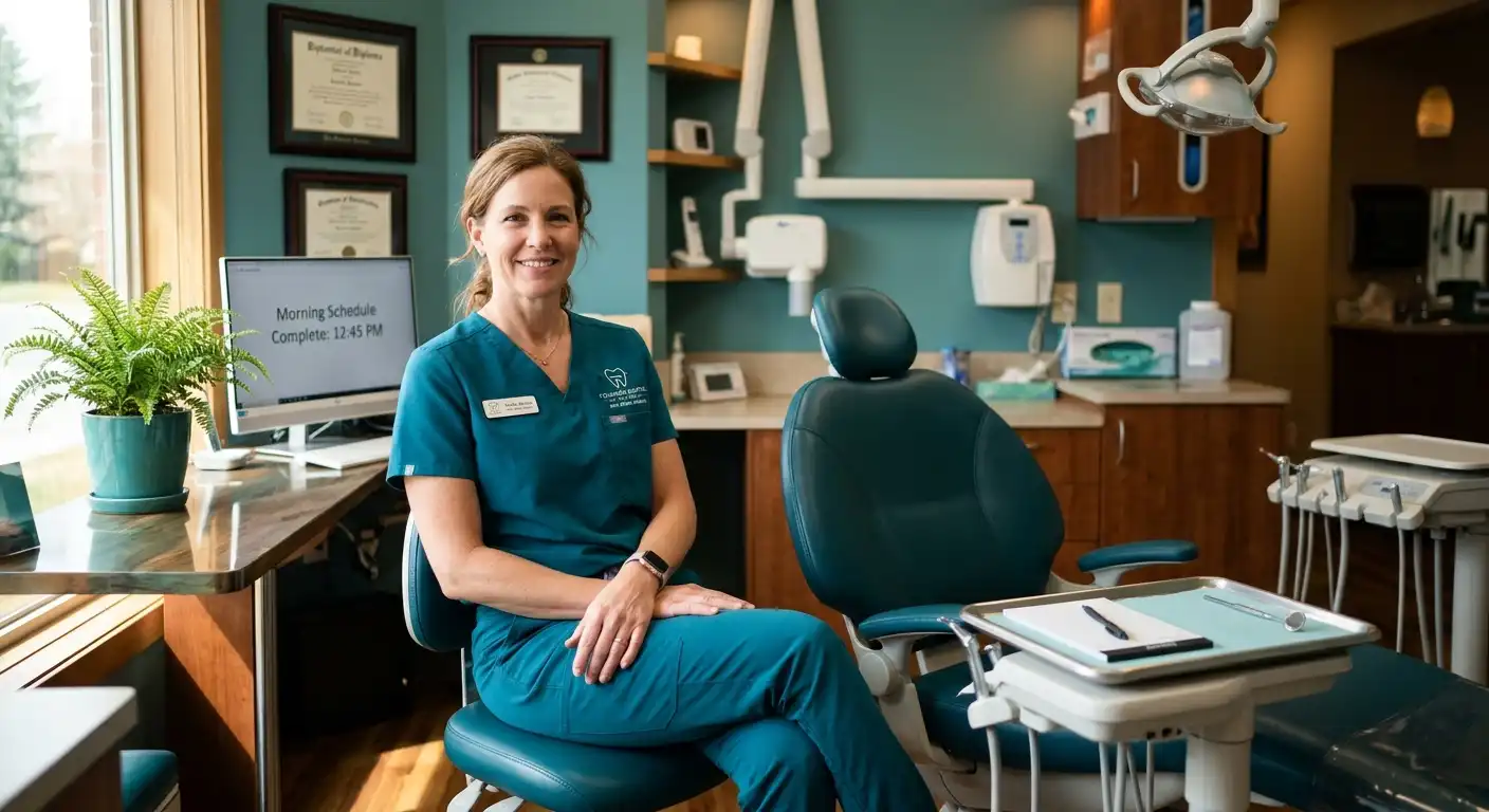 Founder dentist, relaxed at chairside after a morning of patients
